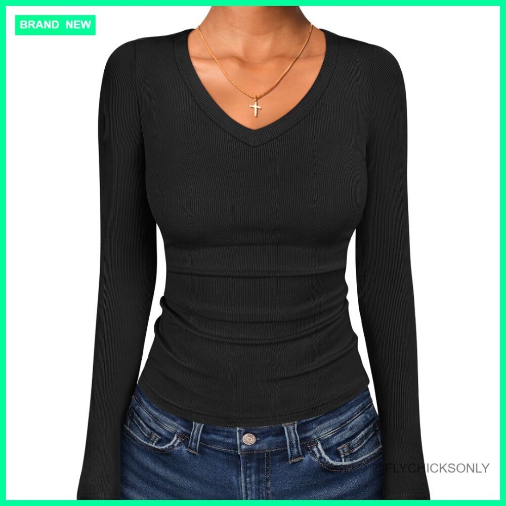 Long Sleeve V-Neck Ribbed Knit Slim Fit T-Shirt for Women